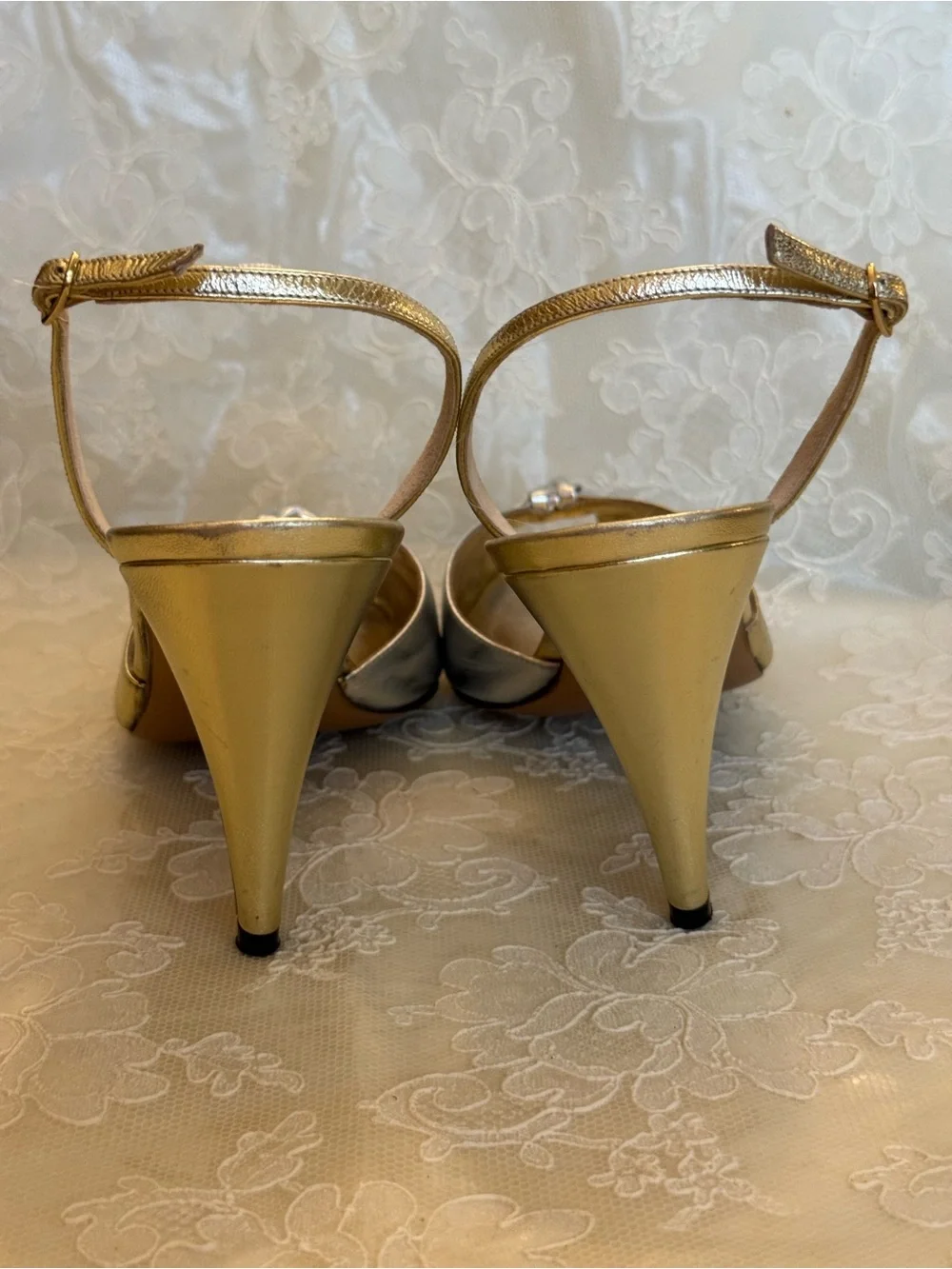 Bruno Magli Metallic Silver and Gold Knot Peep-Toe Slingback Vintage Heels